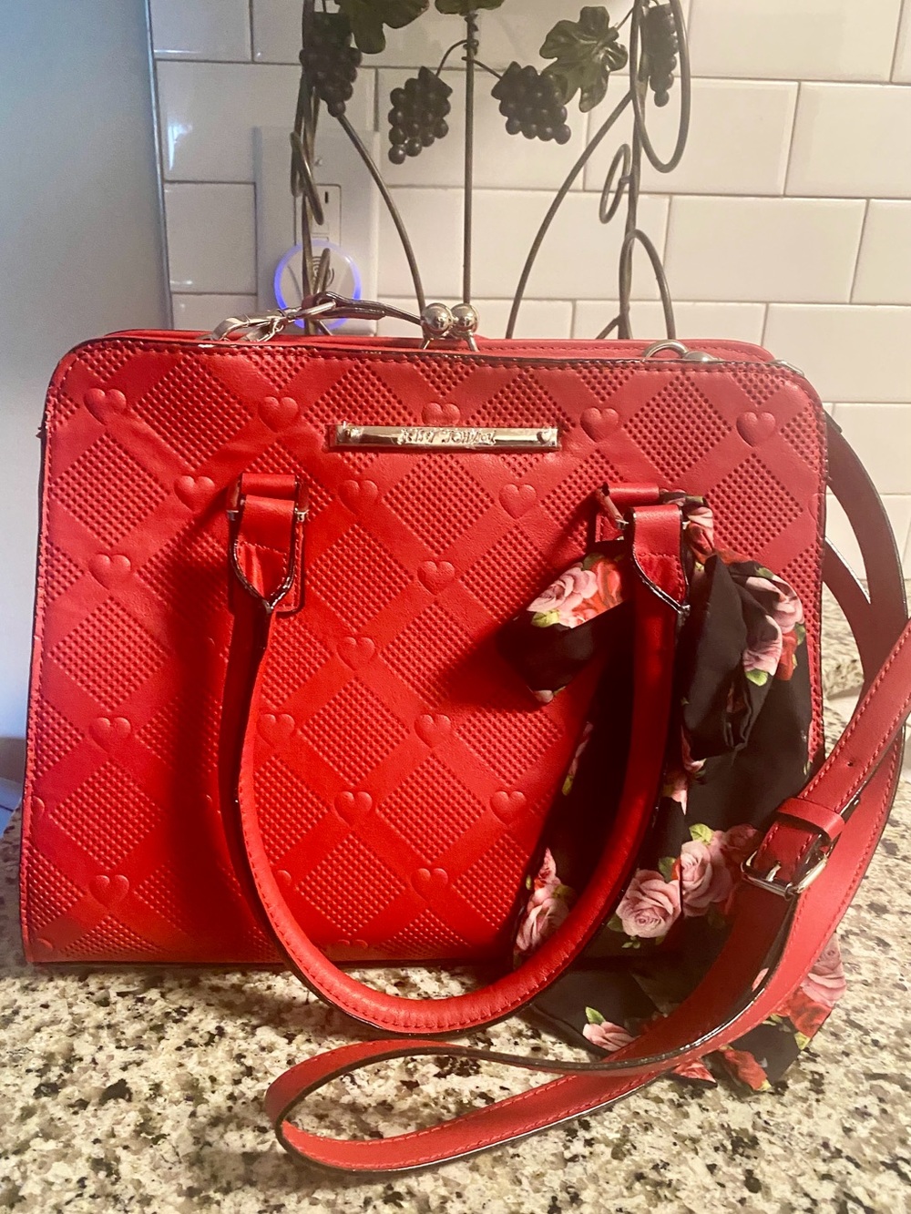 Betsey Johnson Red Heart-Embossed Satchel with Floral Scarf